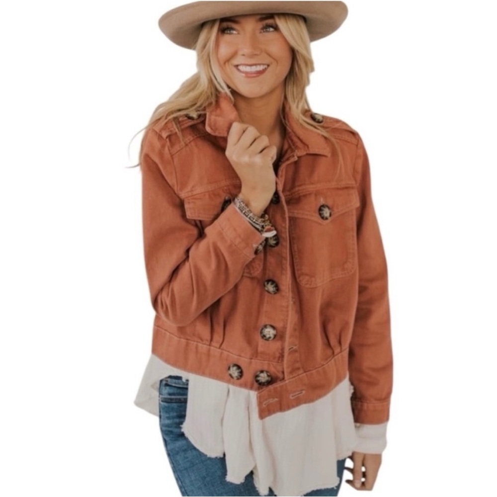 FREE PEOPLE Eisenhower Denim Jacket In Terracotta BohoChic Cotton Size Medium
